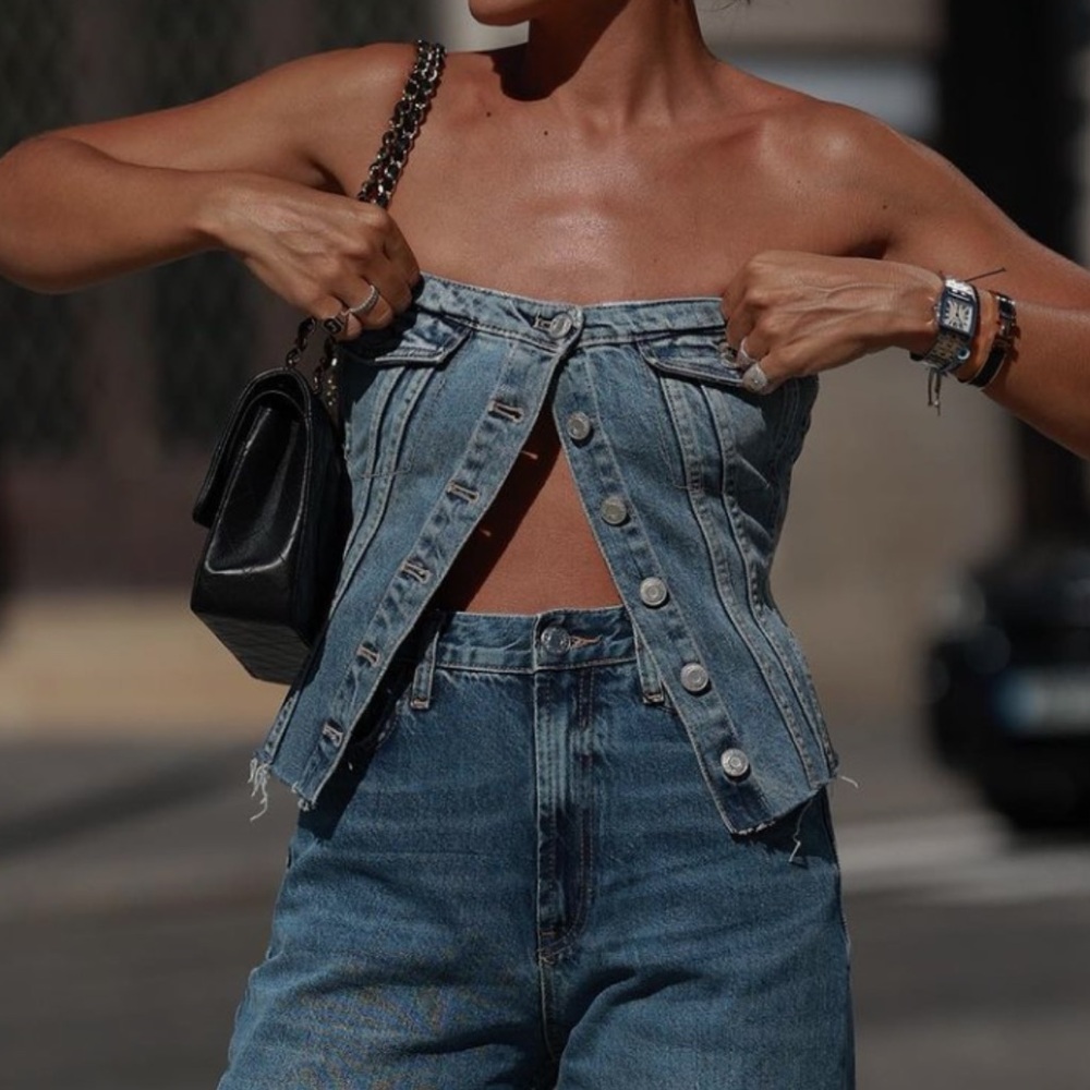 Zara Light Blue Denim Strapless Button-Front Top